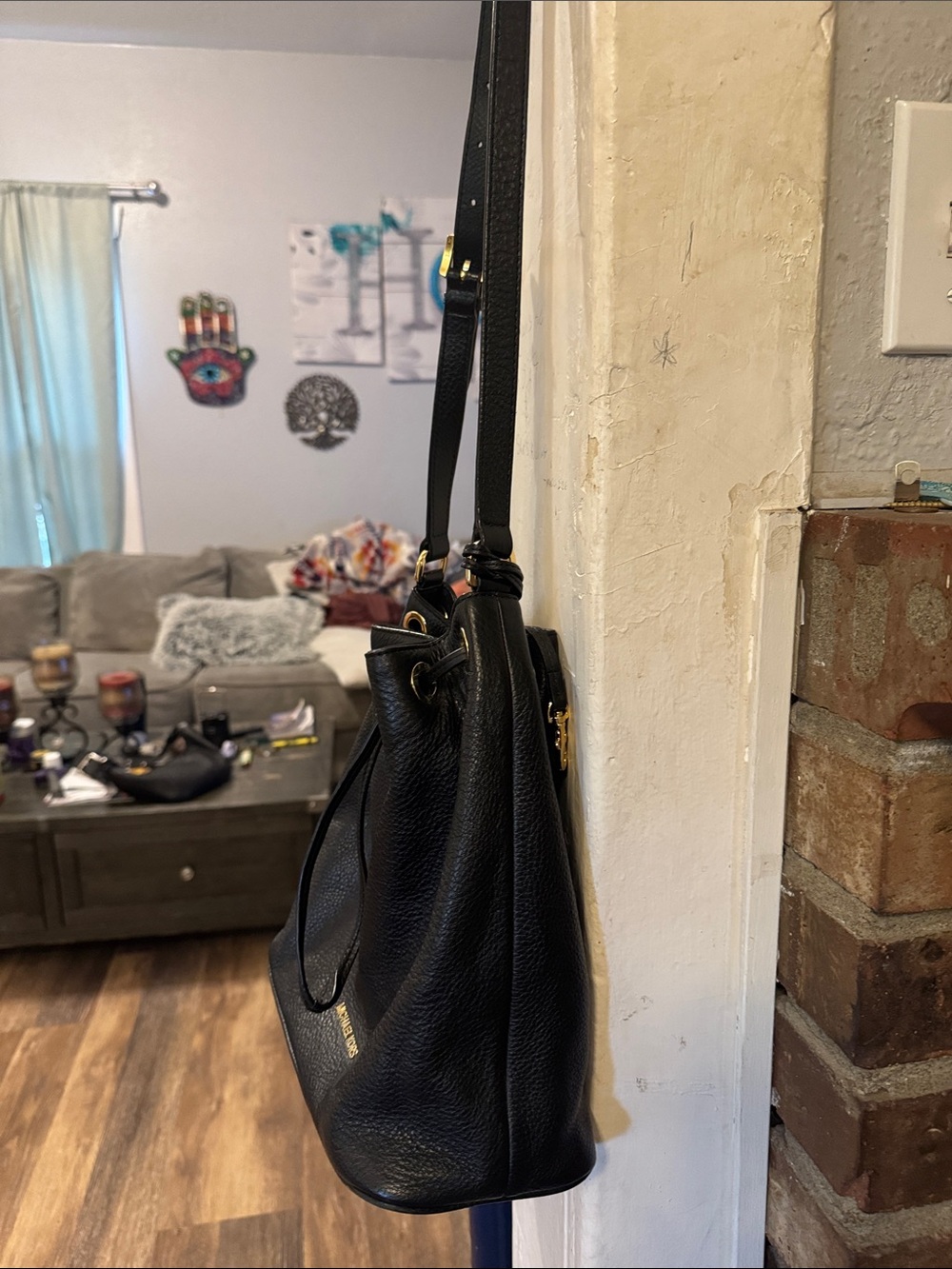 Michael Kors Black Pebbled Leather Drawstring Bucket Bag with Gold Hardware - Picture 3 of 5